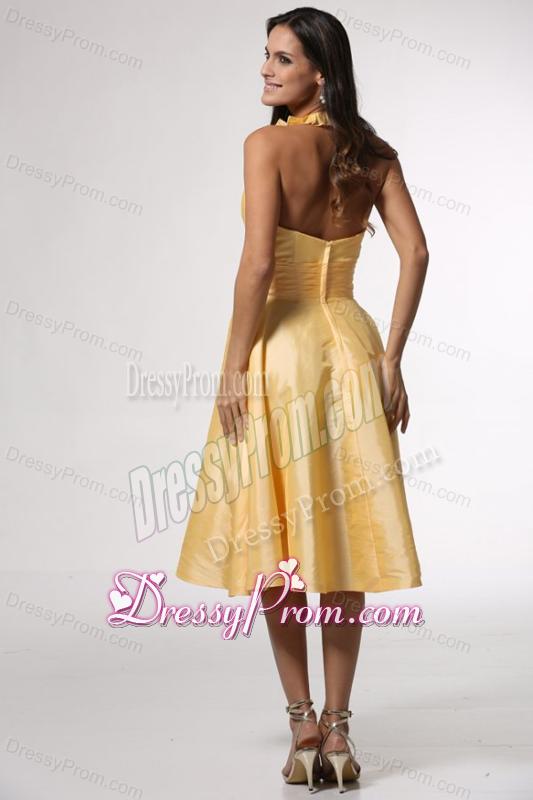 Simple Halter Top Ruffles Yellow Prom Dress Tea-length