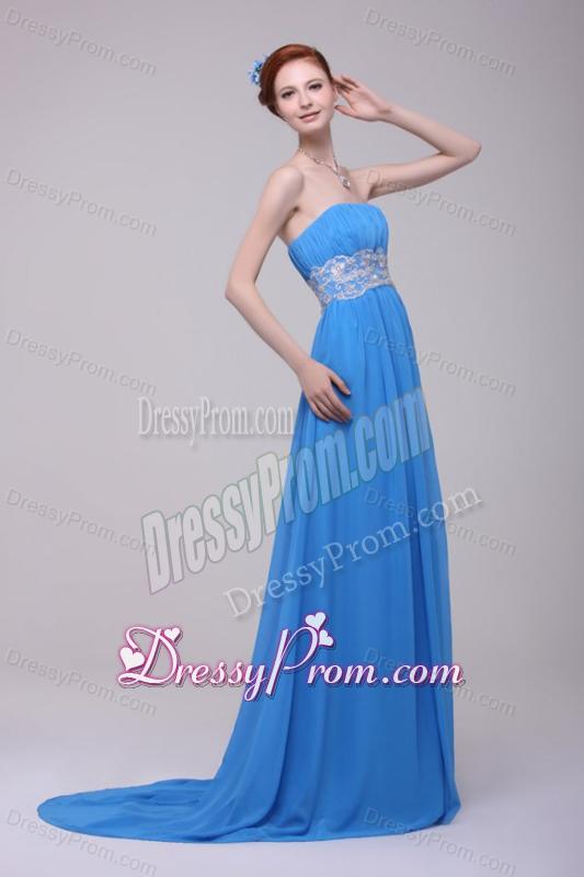 Teal Strapless Empire Chiffon Appliques Prom Dress with Brush Train