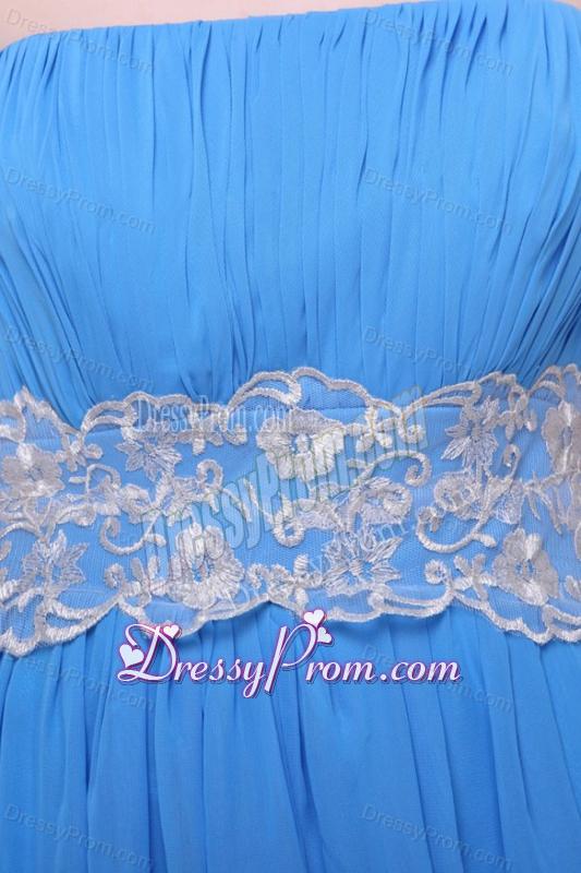 Teal Strapless Empire Chiffon Appliques Prom Dress with Brush Train