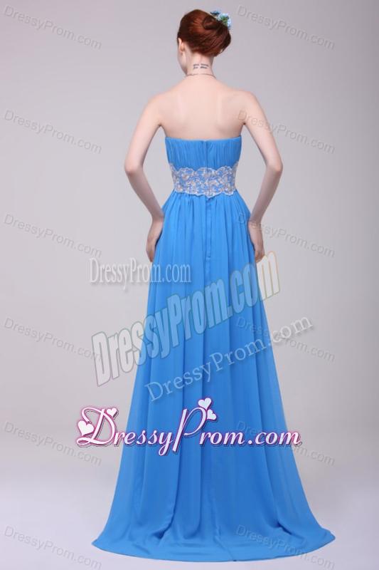 Teal Strapless Empire Chiffon Appliques Prom Dress with Brush Train