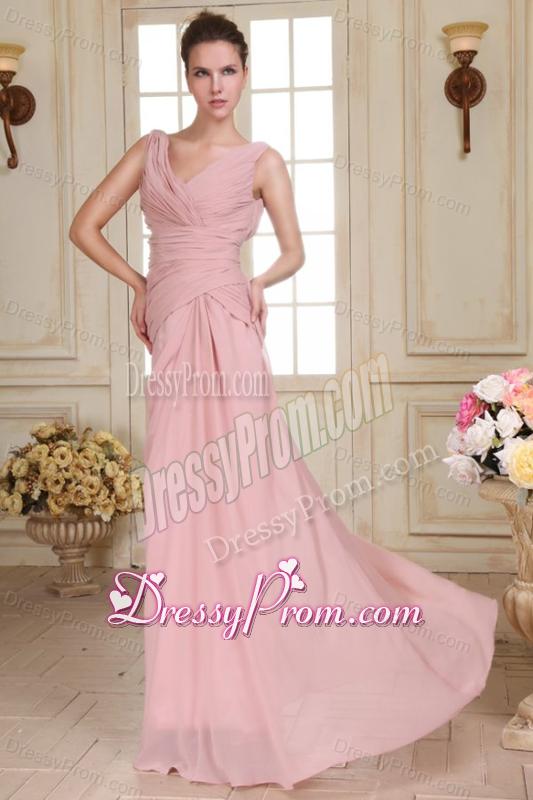 V-neck Floor-length Ruche Decorate Empire Chiffon Prom Dress