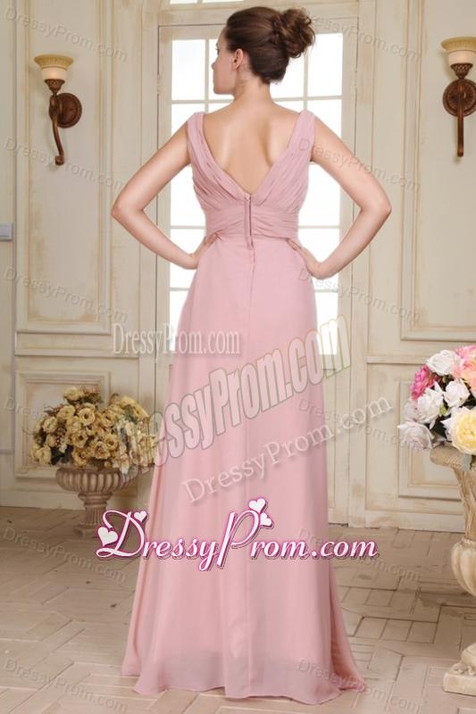V-neck Floor-length Ruche Decorate Empire Chiffon Prom Dress
