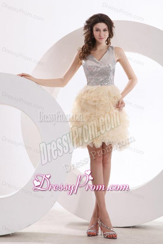 A-line Champagne V-neck Sequins Knee-length Prom Dress