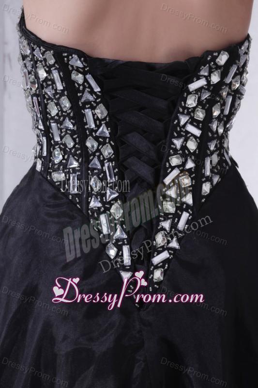 A-line Sweetheart Black Organza Long Prom Dress with Rhinestone