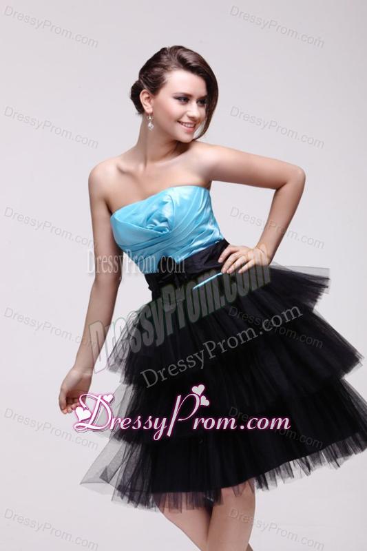 Aqua Blue and Black Short Prom Dress with Flowers and Layers