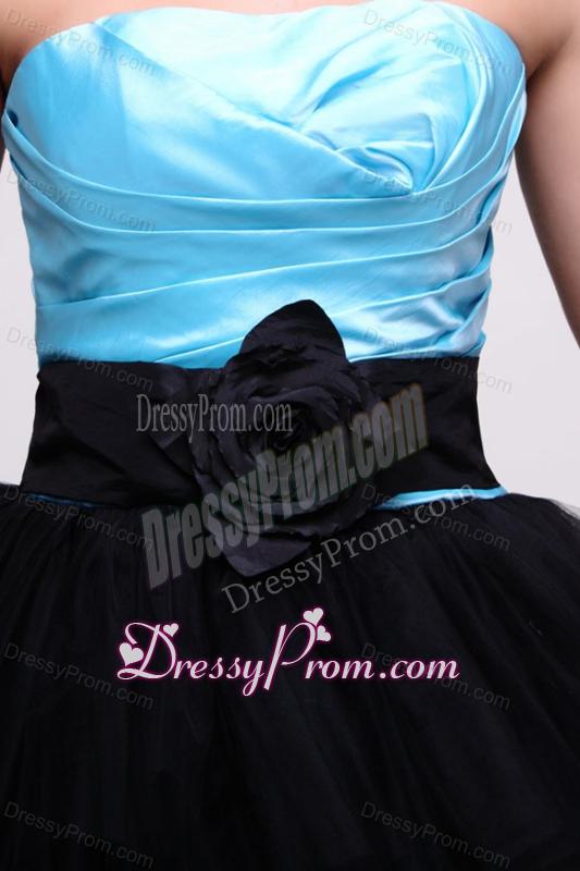 Aqua Blue and Black Short Prom Dress with Flowers and Layers