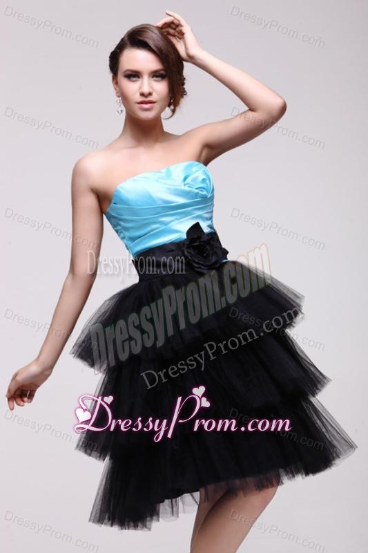 Aqua Blue and Black Short Prom Dress with Flowers and Layers