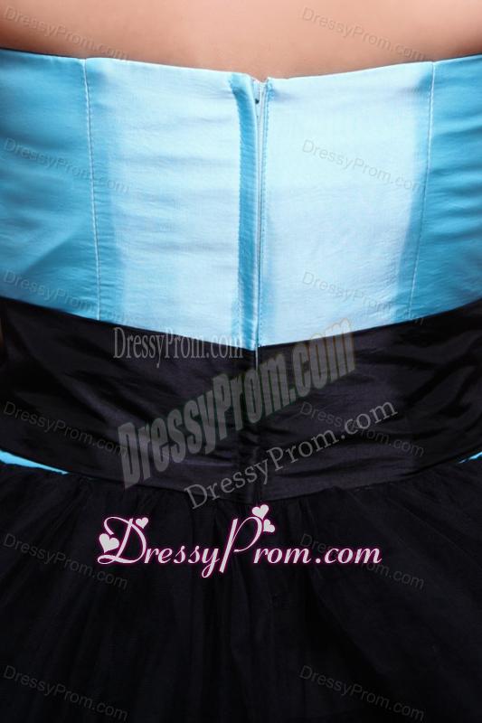 Aqua Blue and Black Short Prom Dress with Flowers and Layers