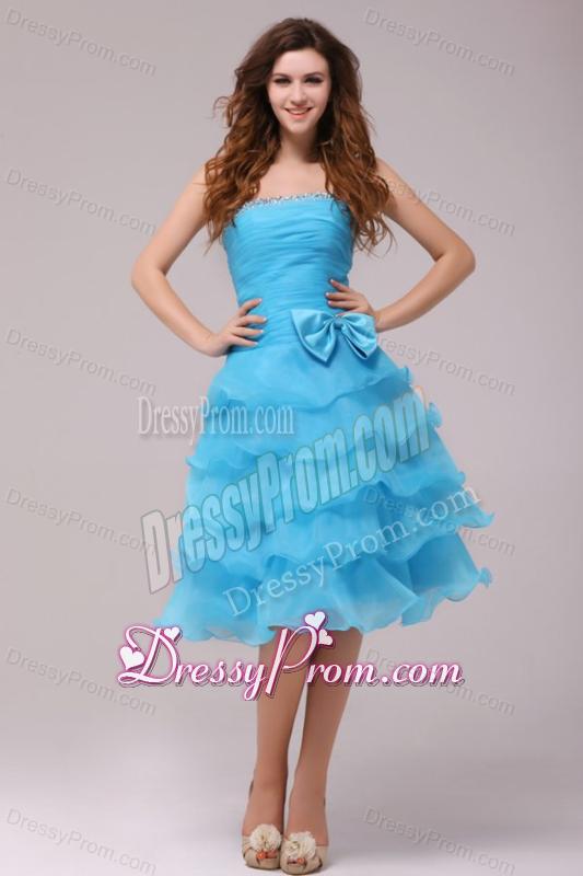 Baby Blue Princess Strapless Ruffled Layers Bow Prom Dress