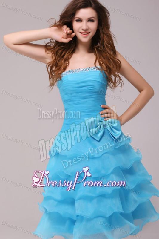 Baby Blue Princess Strapless Ruffled Layers Bow Prom Dress