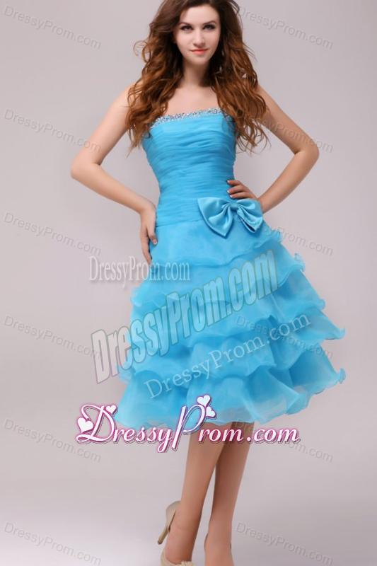 Baby Blue Princess Strapless Ruffled Layers Bow Prom Dress