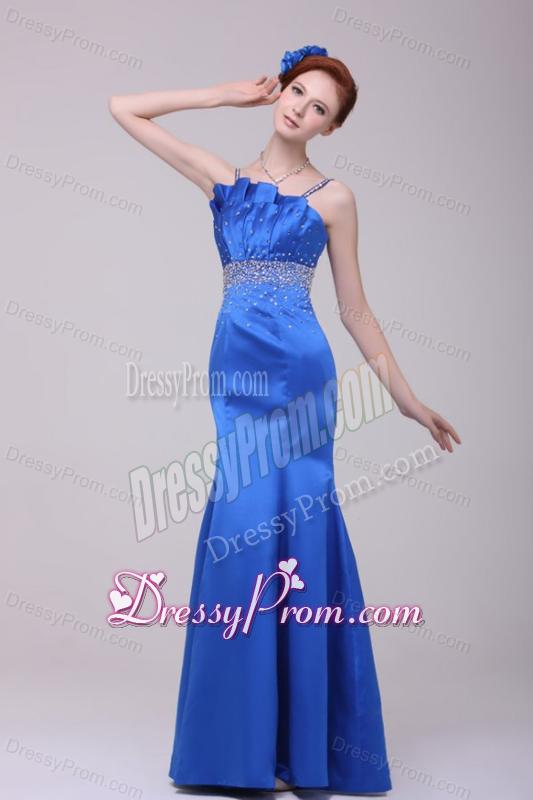 Beautiful Column Blue Straps Floor-length Taffeta Prom Dress with Beading