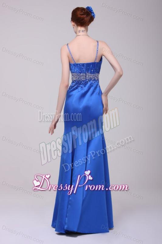 Beautiful Column Blue Straps Floor-length Taffeta Prom Dress with Beading
