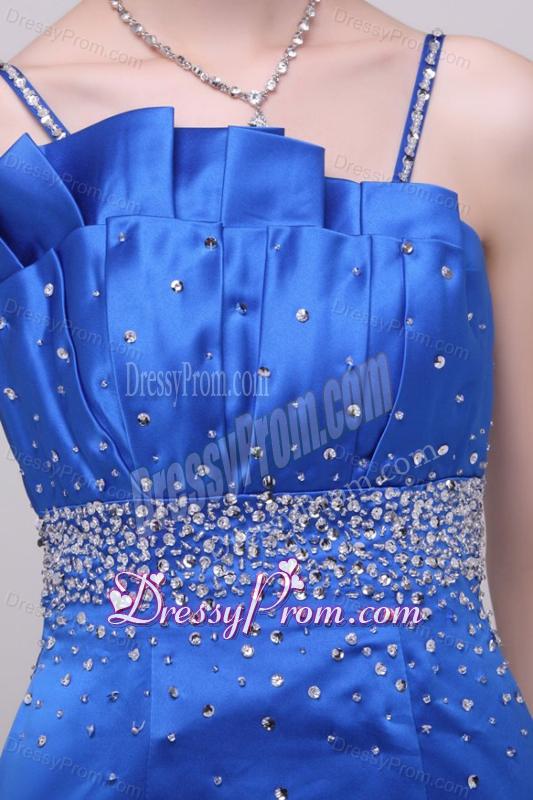 Beautiful Column Blue Straps Floor-length Taffeta Prom Dress with Beading