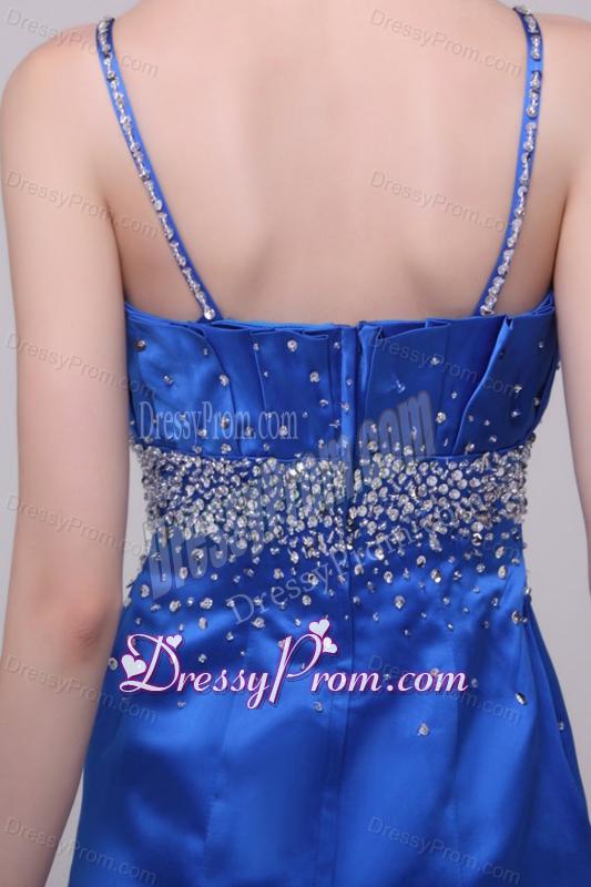 Beautiful Column Blue Straps Floor-length Taffeta Prom Dress with Beading