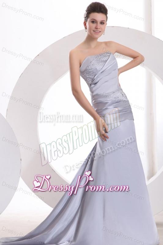 Beautiful Column Strapless Grey Brush Train Lace up Prom Dress with Beading