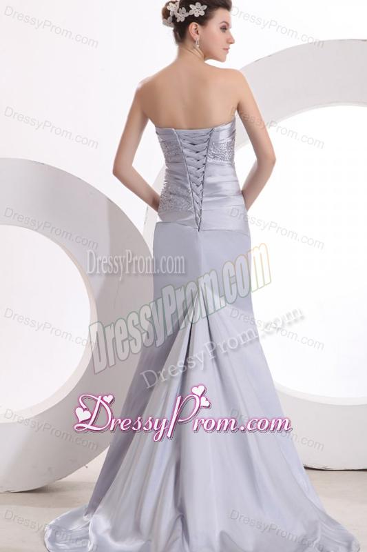 Beautiful Column Strapless Grey Brush Train Lace up Prom Dress with Beading