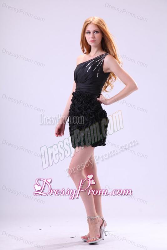 Black Column One Shoulder Sequined Prom Dress with Ruffles