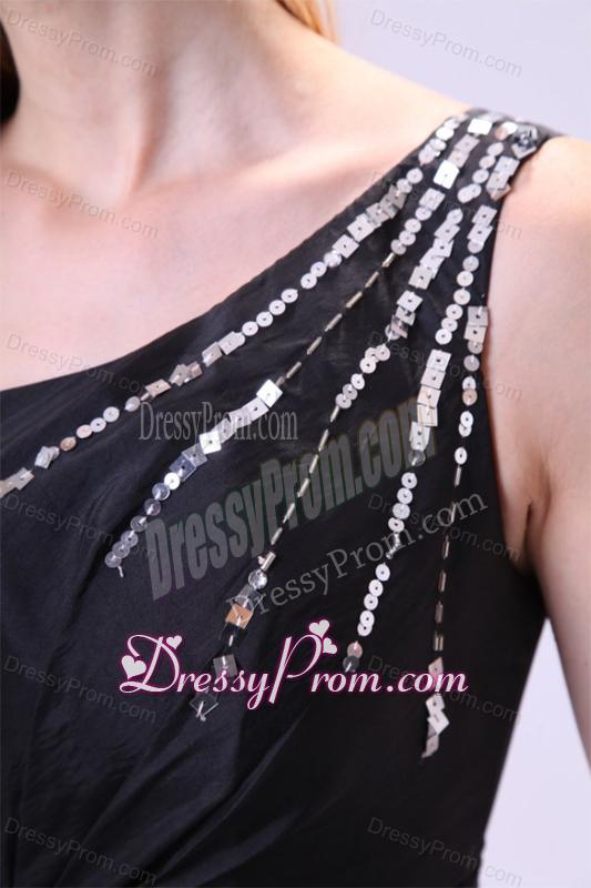 Black Column One Shoulder Sequined Prom Dress with Ruffles