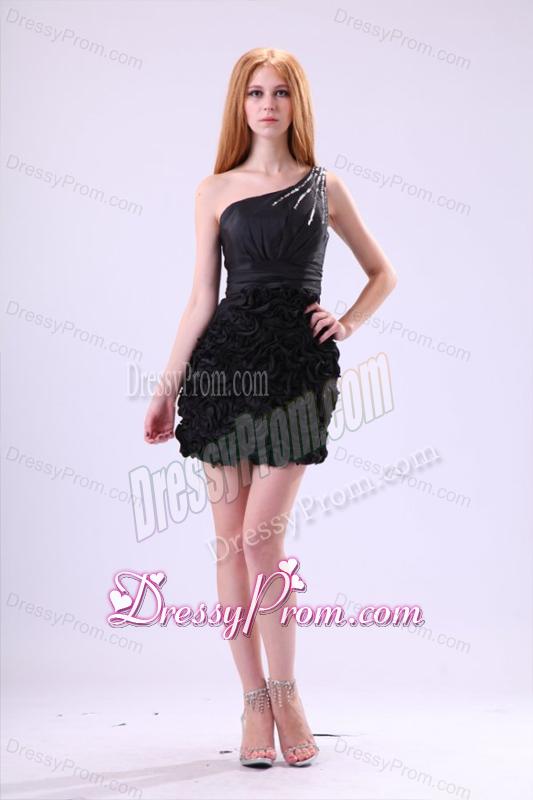 Black Column One Shoulder Sequined Prom Dress with Ruffles