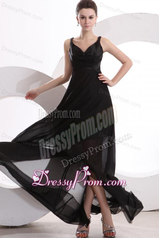Black V-neck High-low Ruche Decorate Prom Dress with Sweep Train