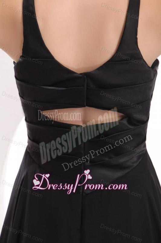 Black V-neck High-low Ruche Decorate Prom Dress with Sweep Train