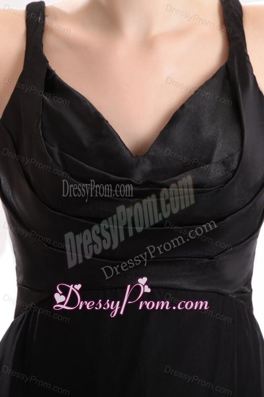 Black V-neck High-low Ruche Decorate Prom Dress with Sweep Train