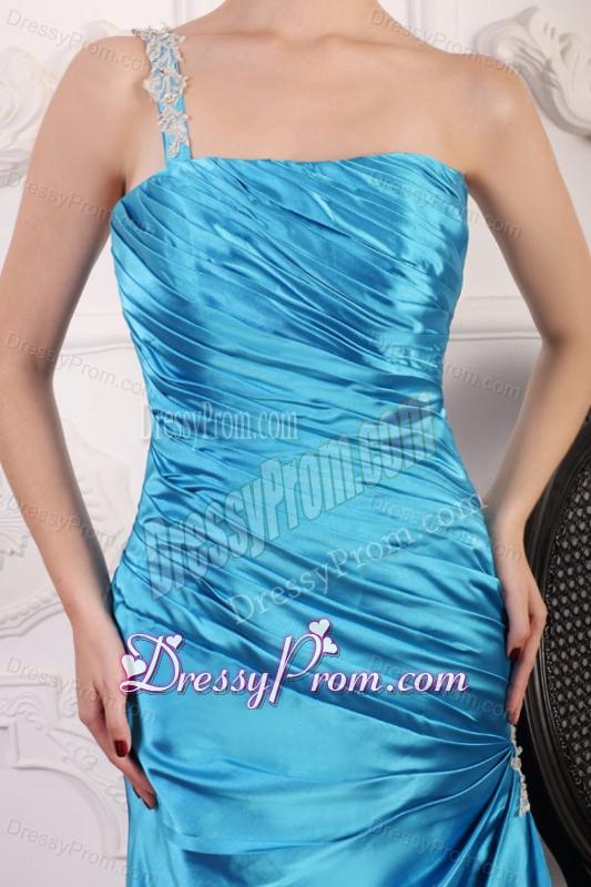 Blue One Shoulder Prom Dress with Beading and Ruching