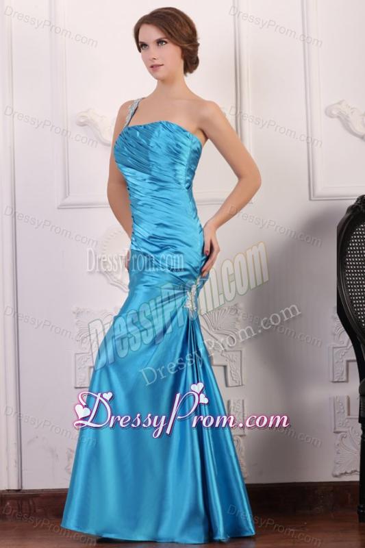 Blue One Shoulder Prom Dress with Beading and Ruching