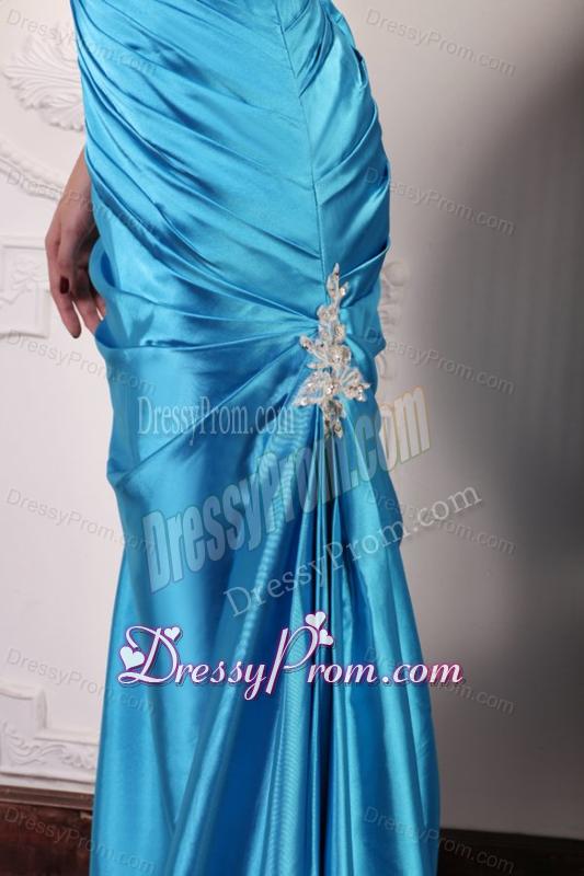 Blue One Shoulder Prom Dress with Beading and Ruching
