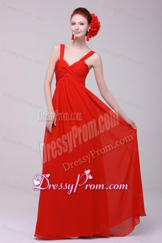 Cheap Straps Red Empire Prom Dress with Chiffon Floor-length
