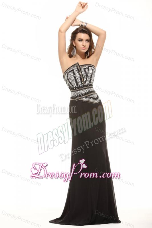 Column Black Strapless Beading Chiffon Floor-length Prom Dress