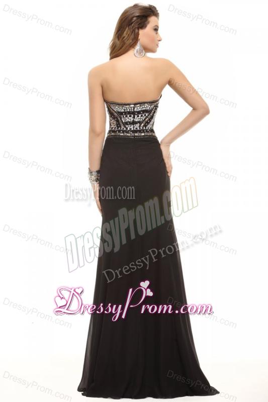 Column Black Strapless Beading Chiffon Floor-length Prom Dress