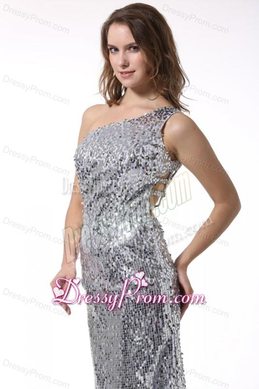 Column One Shoulder Sliver Brush Train Seuqin Prom Dress