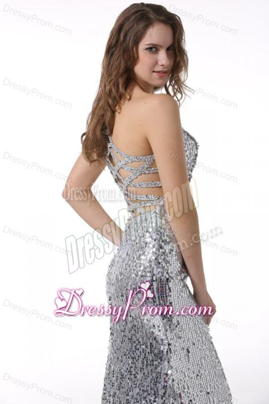 Column One Shoulder Sliver Brush Train Seuqin Prom Dress