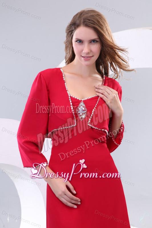 Column Red Strapless Knee-length Beading Chiffon Prom Dress