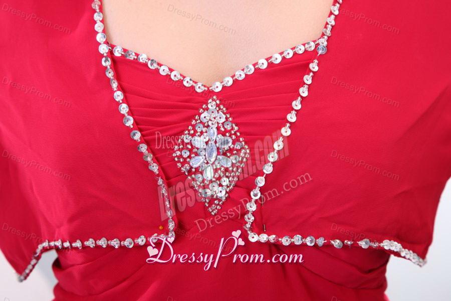 Column Red Strapless Knee-length Beading Chiffon Prom Dress