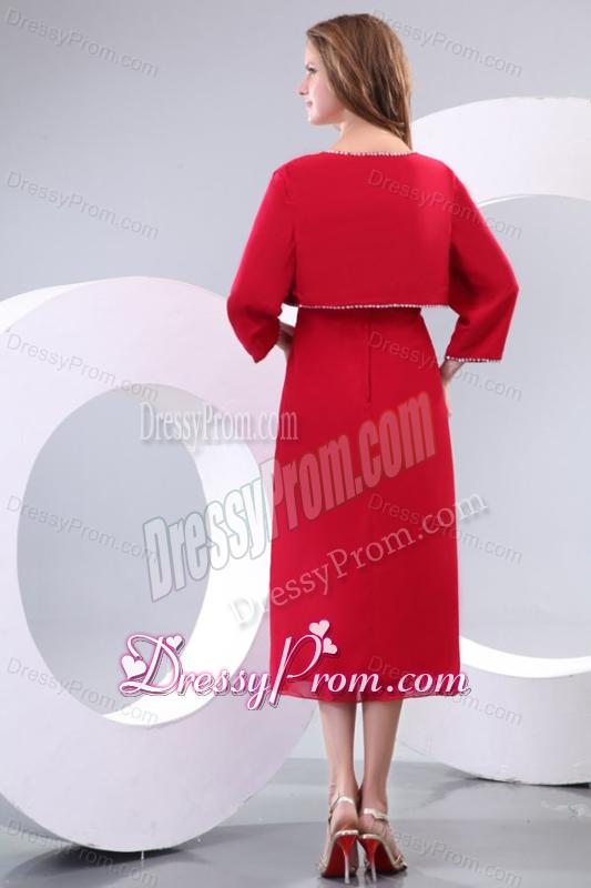 Column Red Strapless Knee-length Beading Chiffon Prom Dress