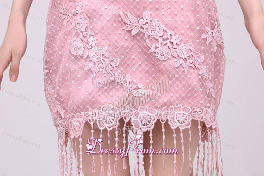 Column Rose Pink Sapghetti Straps Lace Satin Prom Dress