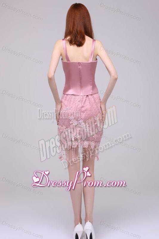 Column Rose Pink Sapghetti Straps Lace Satin Prom Dress