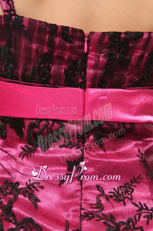 Column Straps Embriodery Prom Dress with Brush Train in Hot Pink