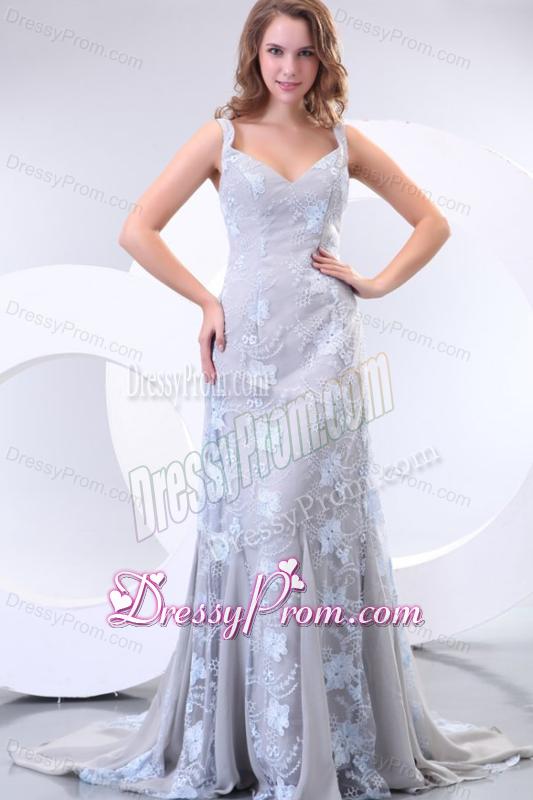 Column Straps Taffeta Grey Embroidery Prom Dress with Brush Train