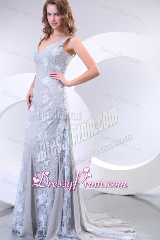 Column Straps Taffeta Grey Embroidery Prom Dress with Brush Train