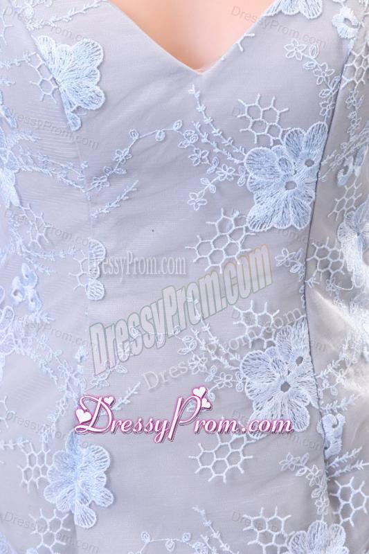 Column Straps Taffeta Grey Embroidery Prom Dress with Brush Train