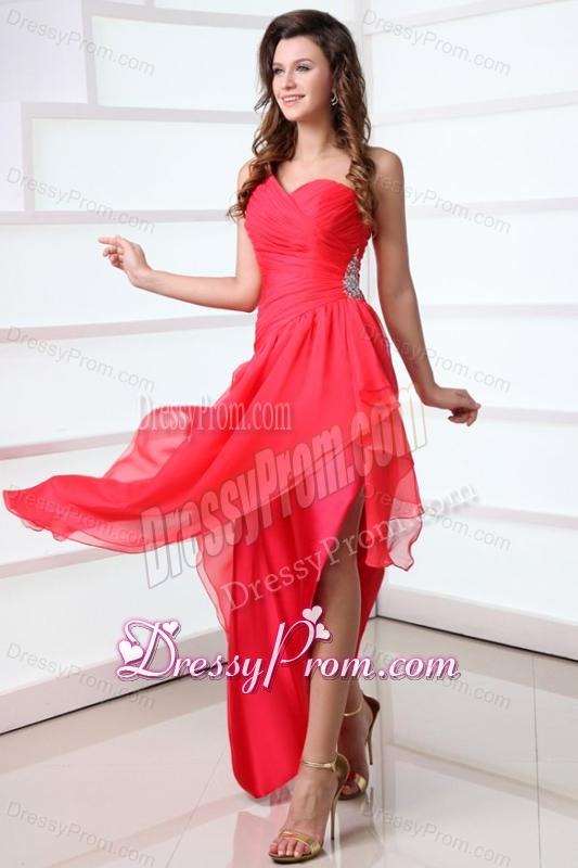 Coral Red Column Chiffon One Shoulder High-low Beading Chiffon Prom Dress