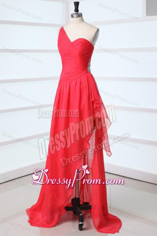 Coral Red Column Chiffon One Shoulder High-low Beading Chiffon Prom Dress