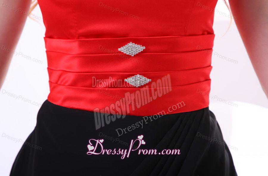 Discount Column V-neck Column Black and Red Prom Dress with Ruching