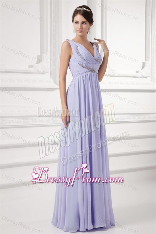 Elegant Empire Lavender V-neck Long Chiffon Prom Dress with Beading