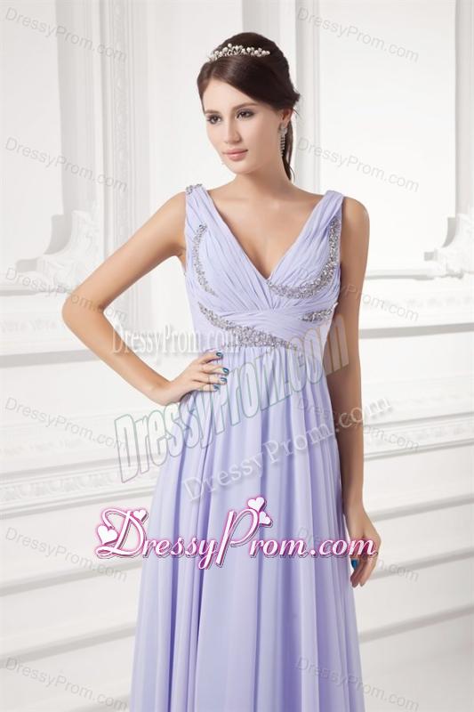 Elegant Empire Lavender V-neck Long Chiffon Prom Dress with Beading