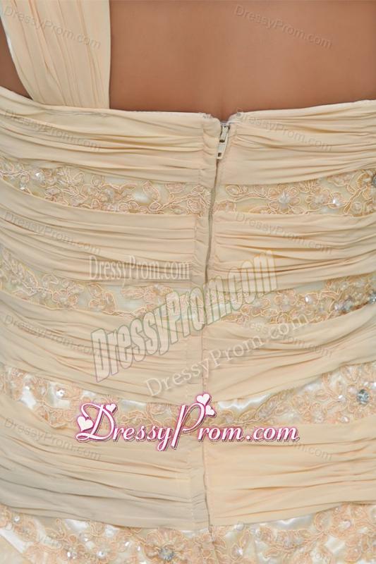 Elegant Princess One Shoulder Brush Train Champagne Appliques and Ruching Chiffon Prom Dre